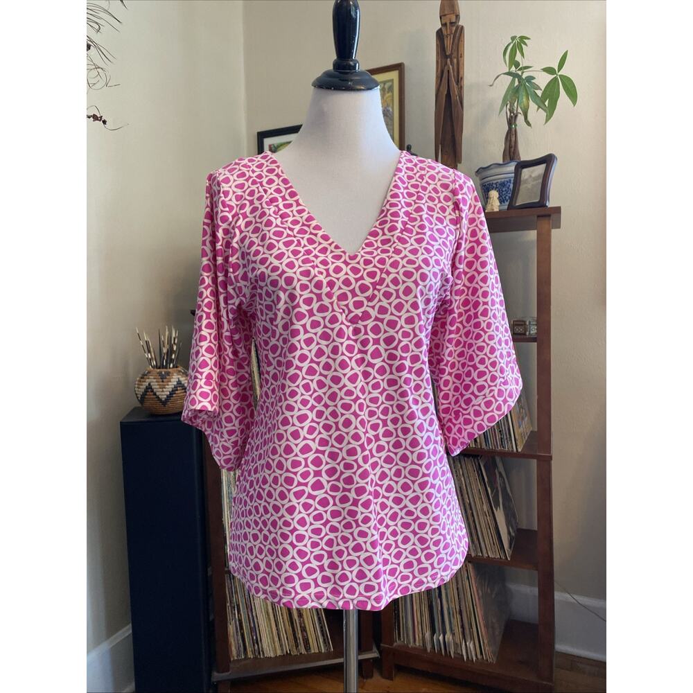 Jude Connally S Hot Pink & White Geo Print V-Neck Top Wide Flutter Sleeve